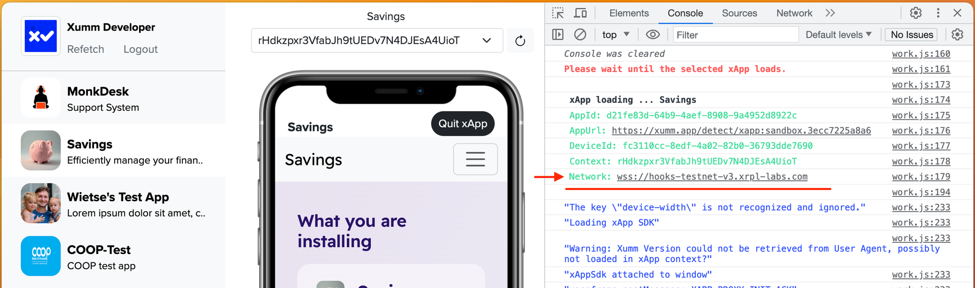 Screensshot of the location of the URL for switching networks in xApp Builder